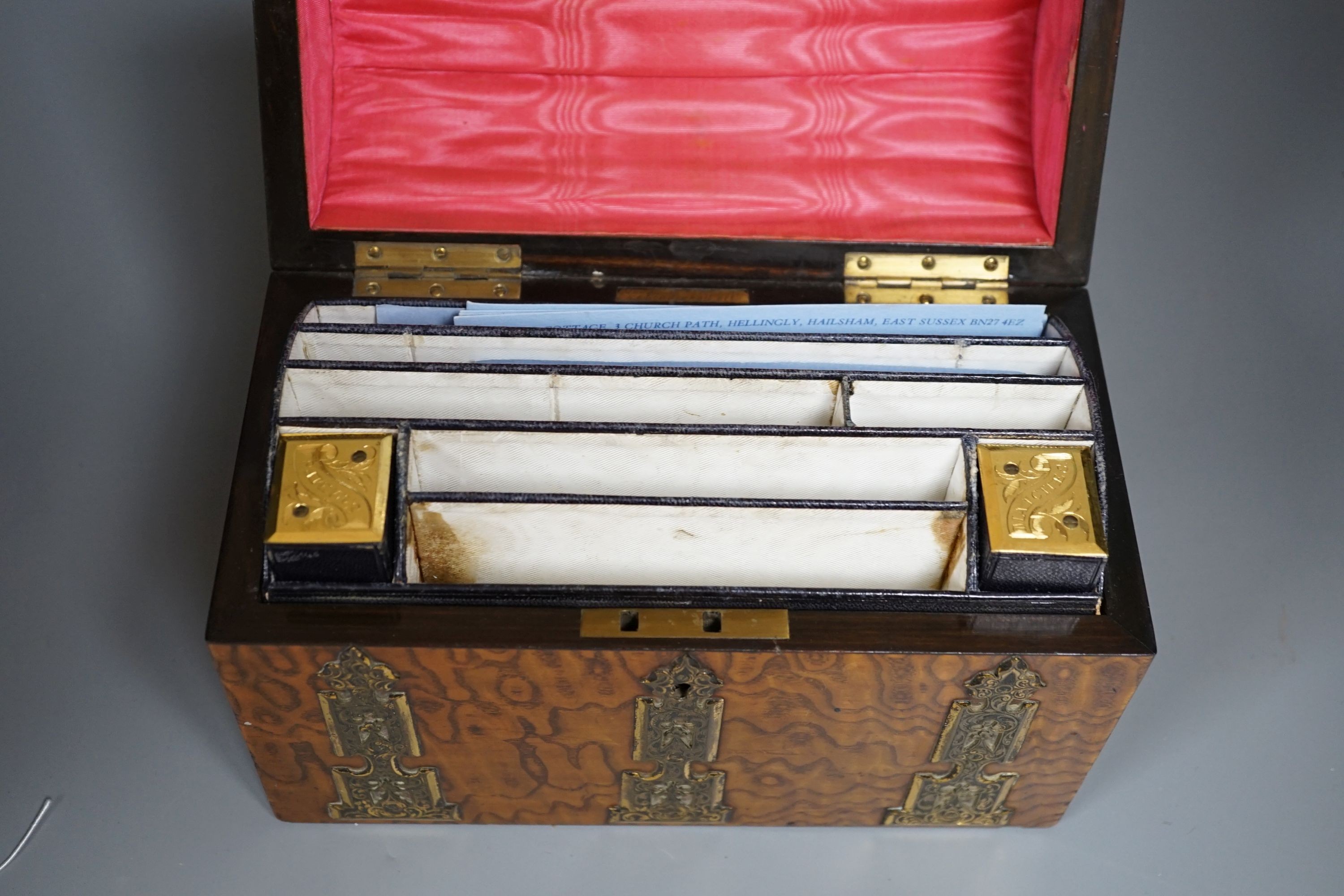 A Victorian Hungarian ash stationery box by Mechi, 114 Regent Street London, domed top with decorative gilt mounts fitted interior with 